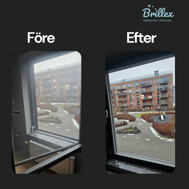 Fönsterputs före och efter i lägenhet Stockholm – kristallklara fönster av Brillex städare